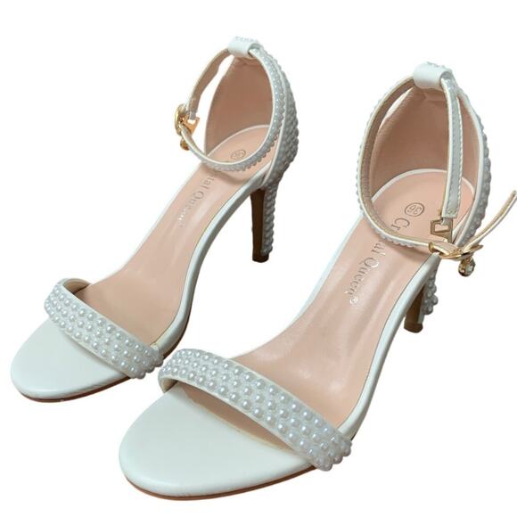 Crystal Queen Womens Size 5.5 Pearl White Open Toe 3.5" Heel Ankle Strap Shoes - Picture 2 of 8